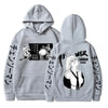 Gray hooded sweatshirt featuring anime graphics, ideal for Japanese streetwear enthusiasts