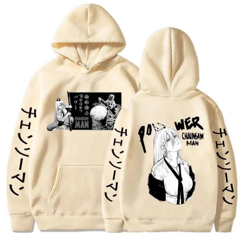 Beige hoodie featuring anime graphics from Japanese streetwear graphic tee collection