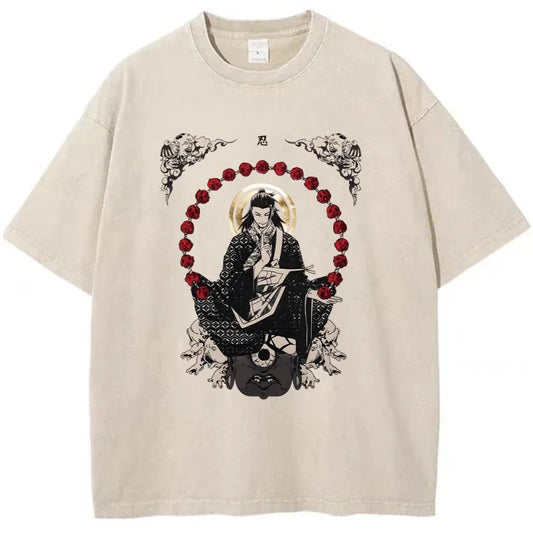 Beige graphic tee featuring anime print in Japanese streetwear summer style