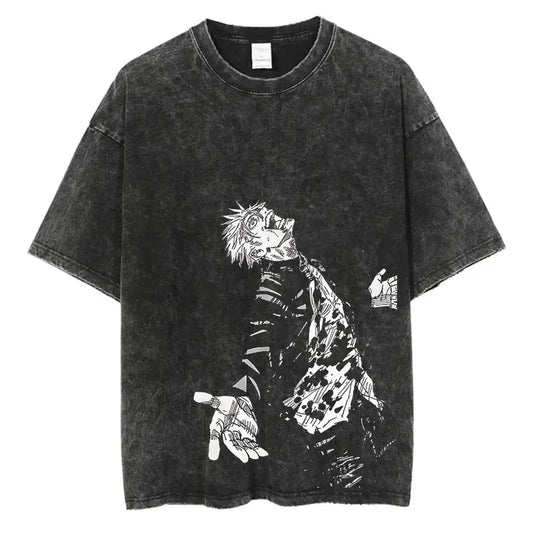 Black graphic tee showcasing Japanese streetwear style for men, inspired by anime