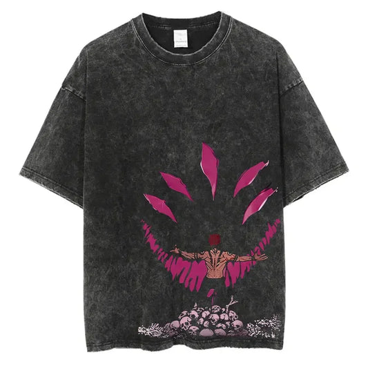 Gray graphic tee showcasing Japanese streetwear style for men, inspired by anime themes