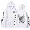 White hoodie featuring anime design, perfect for trendy Japanese streetwear and graphic tees