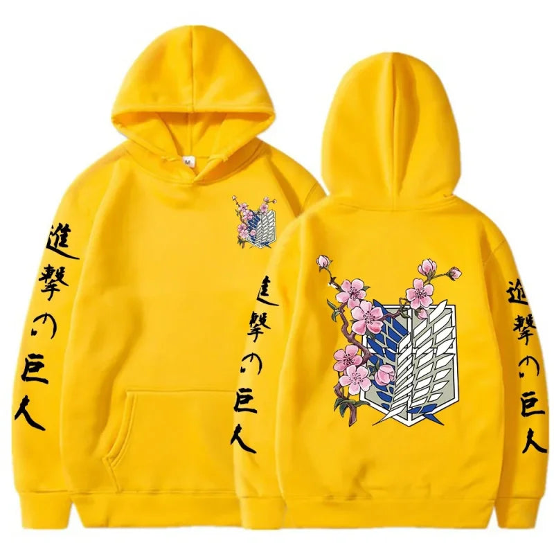 Yellow hoodie featuring anime graphics, perfect for trendy Japanese streetwear lovers