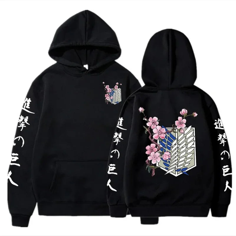 Black Attack on Titan hoodie, stylish graphic tee in trendy Japanese streetwear