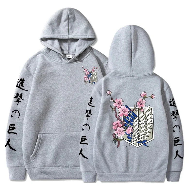 Gray hoodie featuring anime-inspired design for trendy Japanese streetwear graphic tee