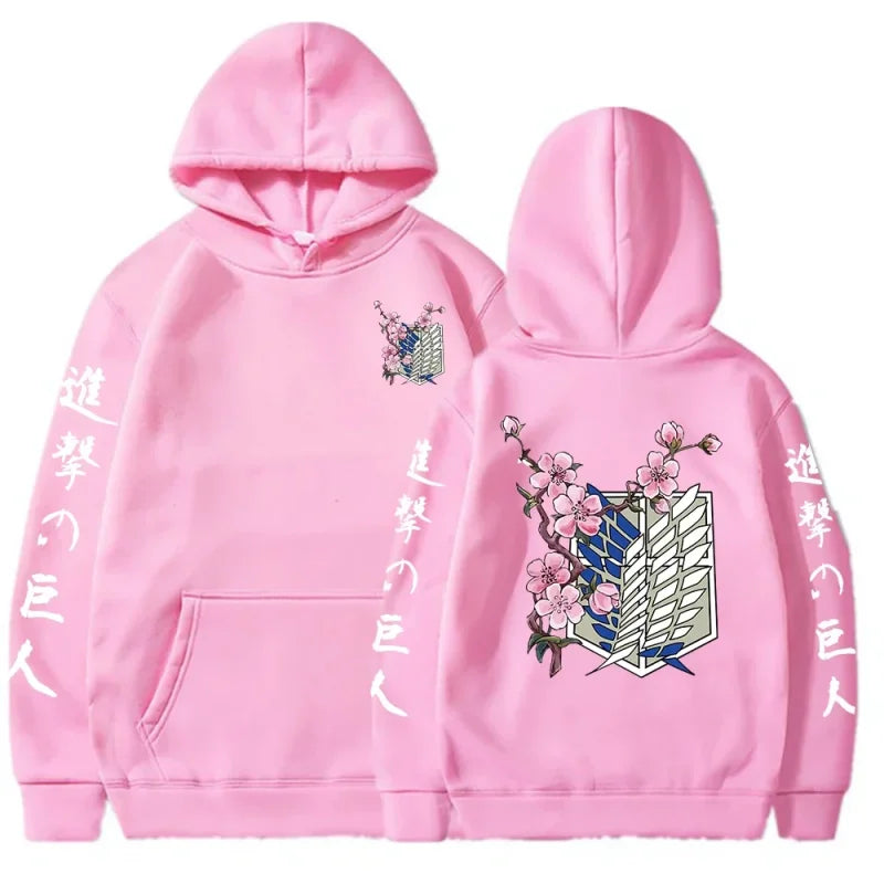 Pink Attack on Titan hoodie, a stylish graphic tee for Japanese streetwear enthusiasts