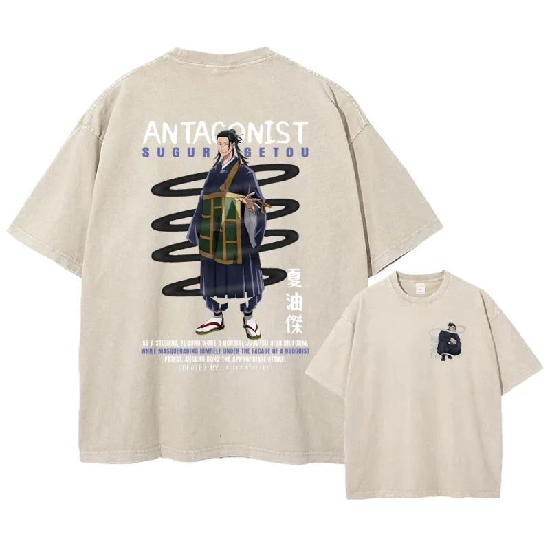 Beige graphic tee featuring anime character print, ideal for Japanese streetwear fans