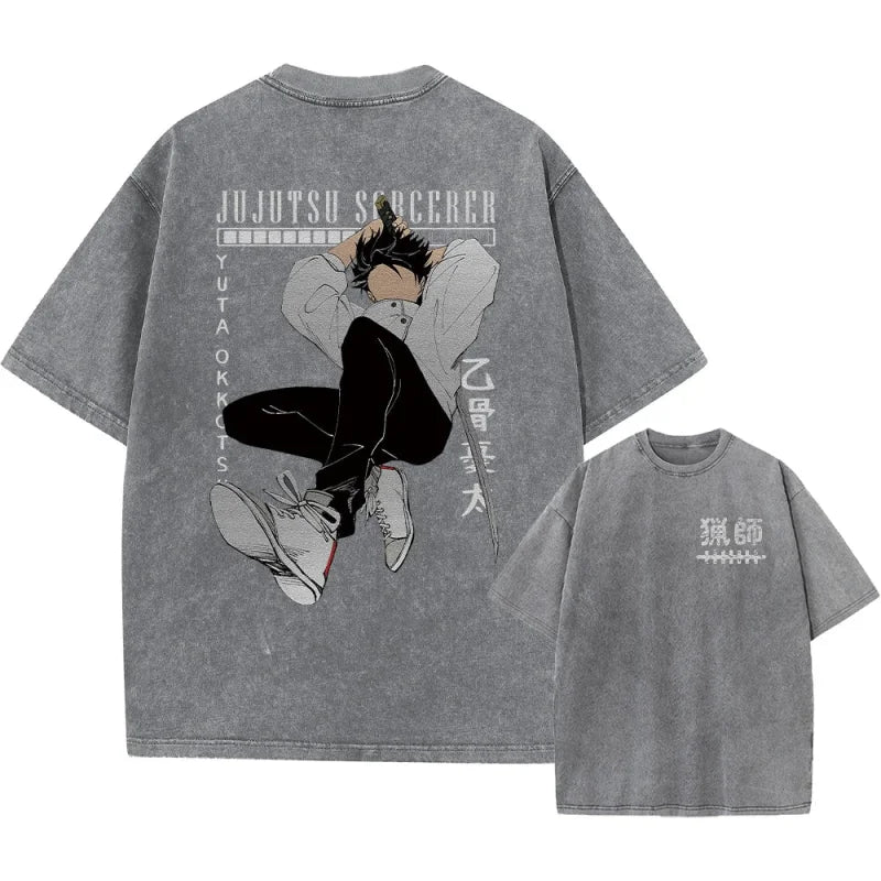 Gray graphic tees showcasing anime designs for Japanese streetwear enthusiasts