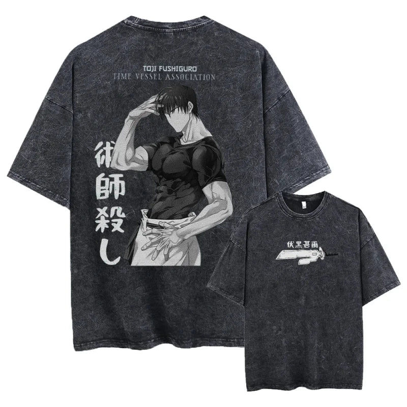 Two gray graphic tees featuring anime designs for Japanese streetwear enthusiasts