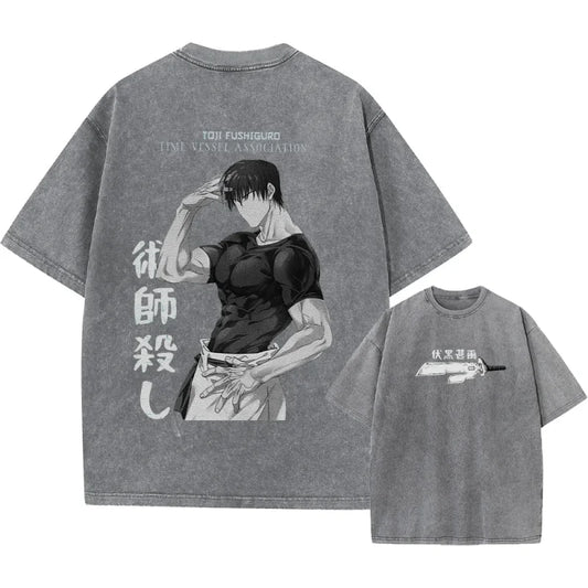 Gray anime graphic tees for Japanese streetwear enthusiasts showcasing unique designs