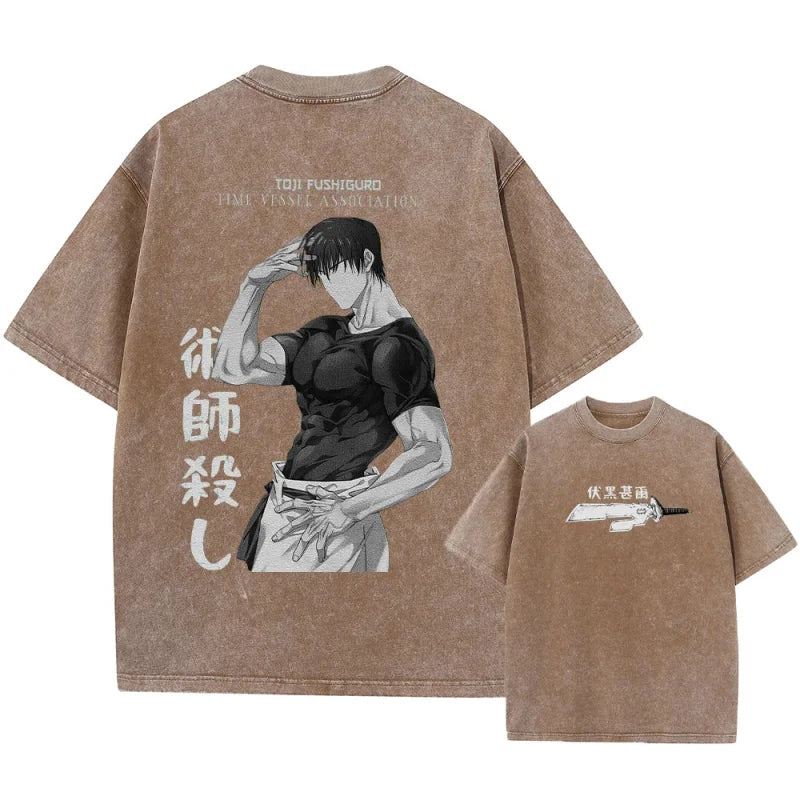 Brown graphic tees featuring anime designs for Japanese streetwear enthusiasts