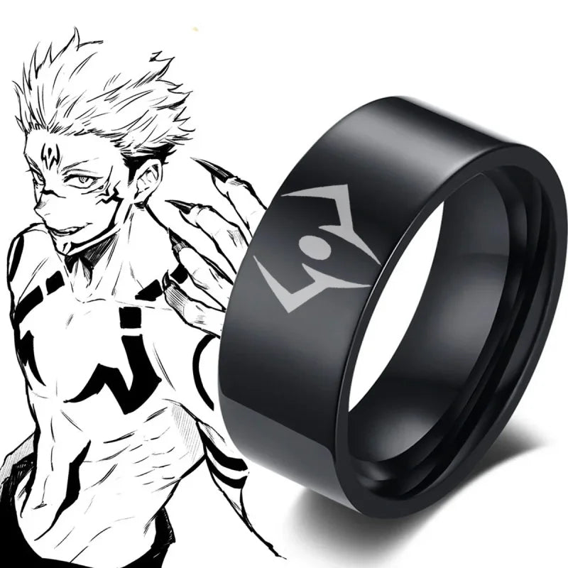 Black stainless steel Jujutsu Kaisen ring featuring a stylized eye design