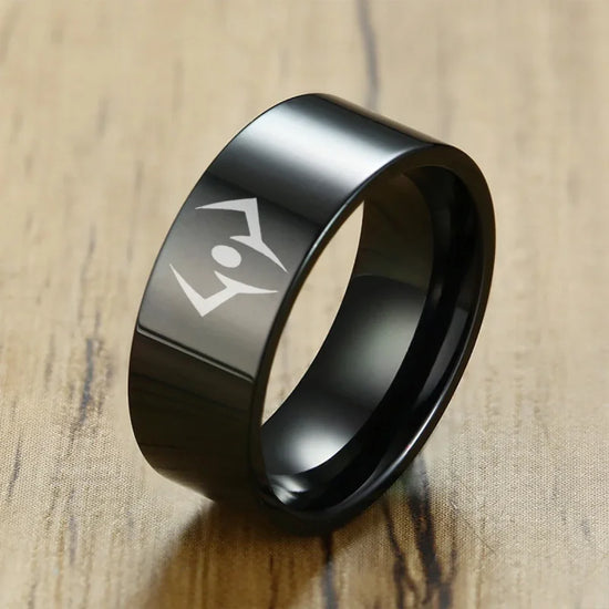 Black stainless steel Jujutsu Kaisen ring featuring the symbol of Ryōmen Sukuna