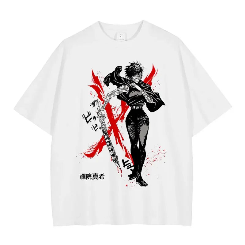 White t-shirt featuring Gojo Satoru and Toji Fushiguro from Jujutsu Kaisen