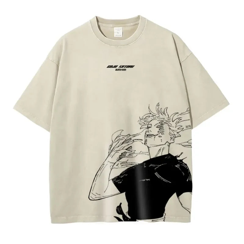 Beige graphic tee featuring Gojo Satoru and Toji Fushiguro from Jujutsu Kaisen