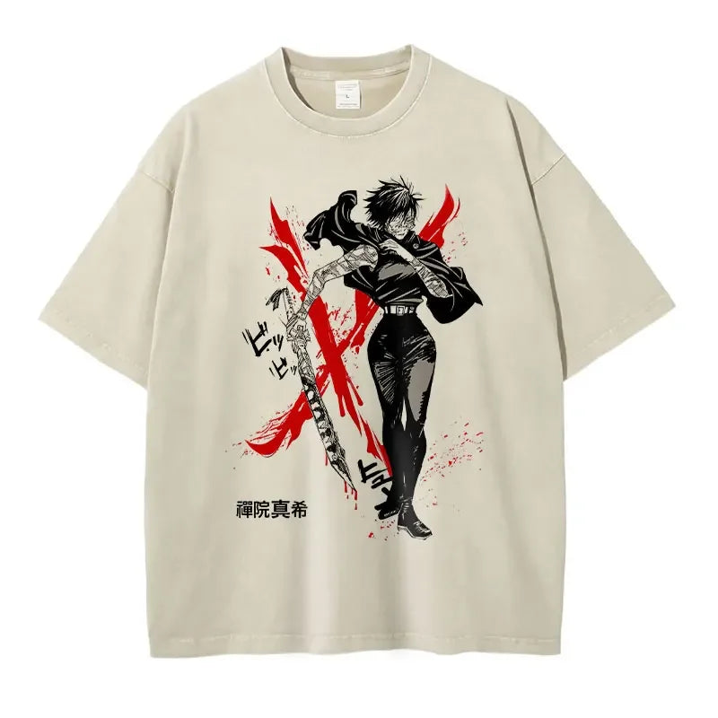 Beige Jujutsu Kaisen vintage tee featuring Gojo Satoru and Toji Fushiguro graphic