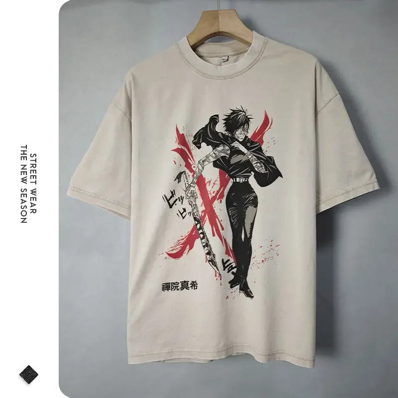 Beige Jujutsu Kaisen vintage tee featuring Gojo Satoru and Toji Fushiguro graphic