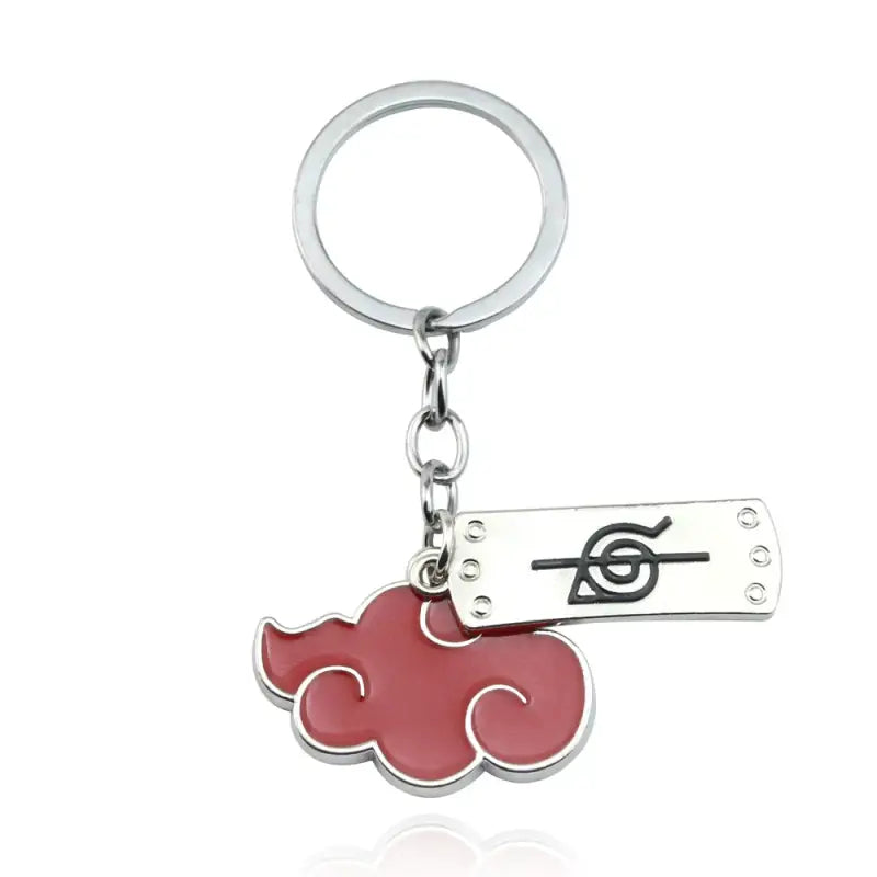 Metal keychain featuring a red Akatsuki cloud symbol with a Leaf Village ninja headband charm.