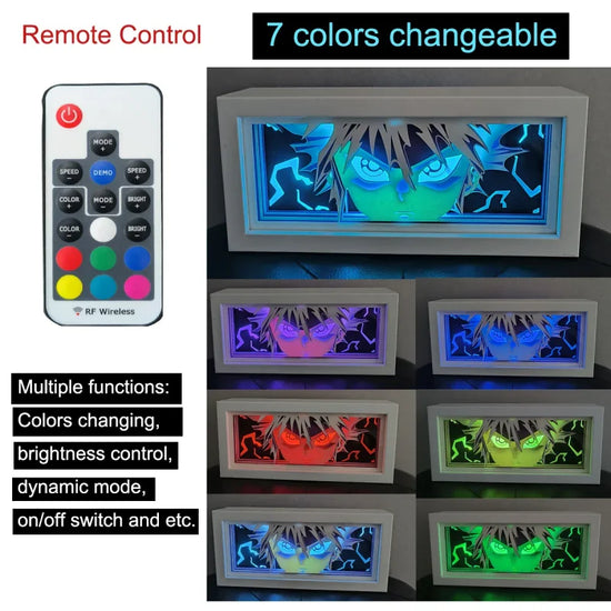 Color-changing Illumiscene anime shadow light box showcasing Zoro with remote control