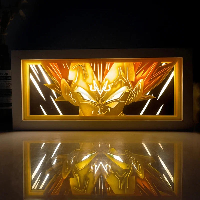 Illumiscene Anime Shadow light box featuring Illuminated Vegeta in paper-cut shadow art