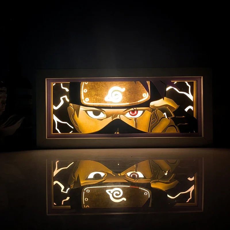 Illumiscene anime shadow light box featuring illuminated Kakashi in paper-cut shadow art