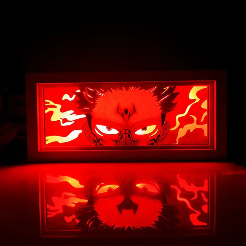 Illumiscene anime shadow light box featuring illuminated Zoro paper-cut shadow art