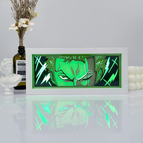 Illumiscene Anime Shadow light box featuring illuminated Zoro paper-cut shadow art