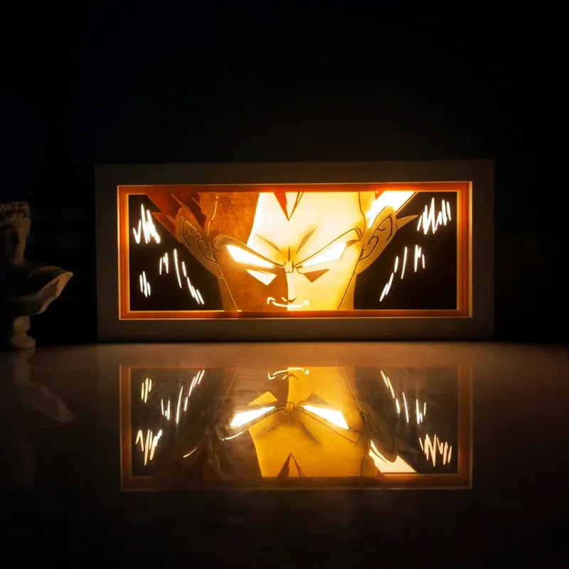 Illumiscene anime shadow light box featuring illuminated Vegeta paper-cut shadow art