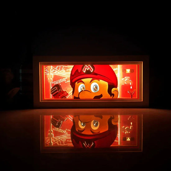 Illuminated Mario diorama in Illumiscene Anime Shadow light box showcasing paper-cut shadow art