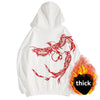 White hoodie featuring a red phoenix design for men and women in anime streetwear