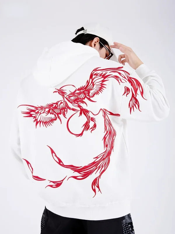 White hoodie featuring a red phoenix design, perfect Anime graphic tee for men women streetwear