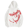 White hoodie featuring red phoenix design for men women in anime graphic tee style