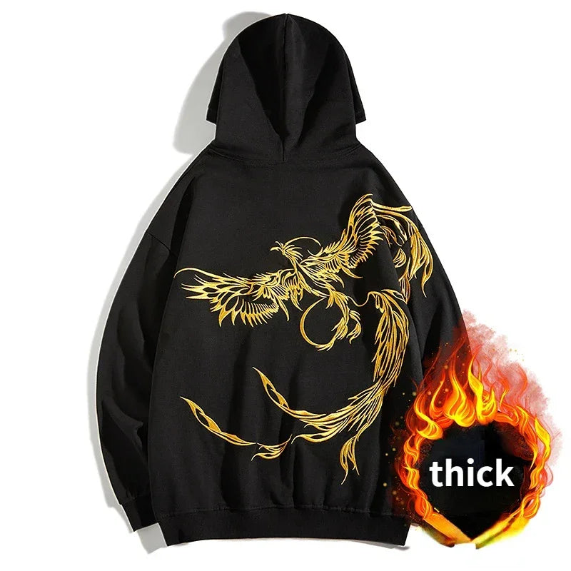 Black hoodie featuring a golden phoenix design, perfect for men women anime streetwear