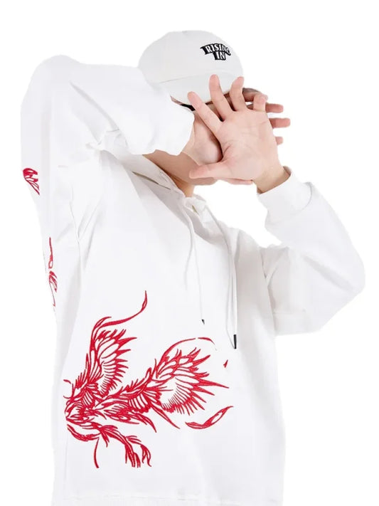 White hoodie featuring red phoenix design, ideal anime graphic tee for men and women