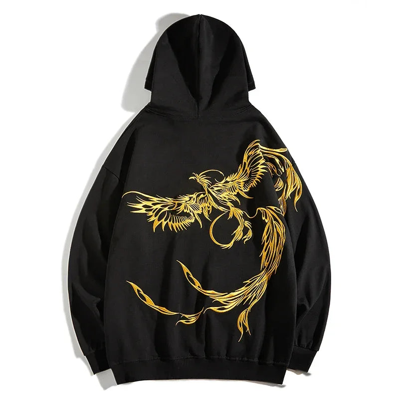 Black hoodie featuring a golden phoenix design, ideal for men and women in anime streetwear