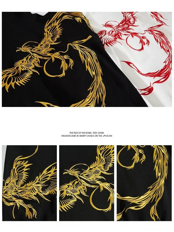 Black and white Anime graphic tee with phoenix embroidery for men women streetwear