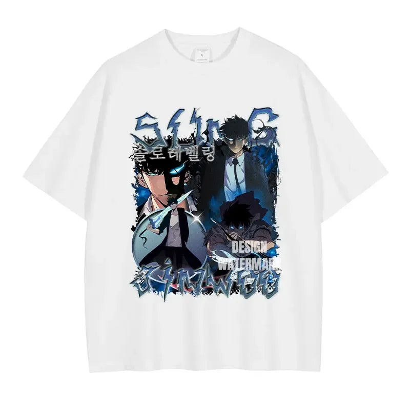 White t-shirt featuring Solo Leveling anime graphic of Sung Jin-Woo in streetwear style