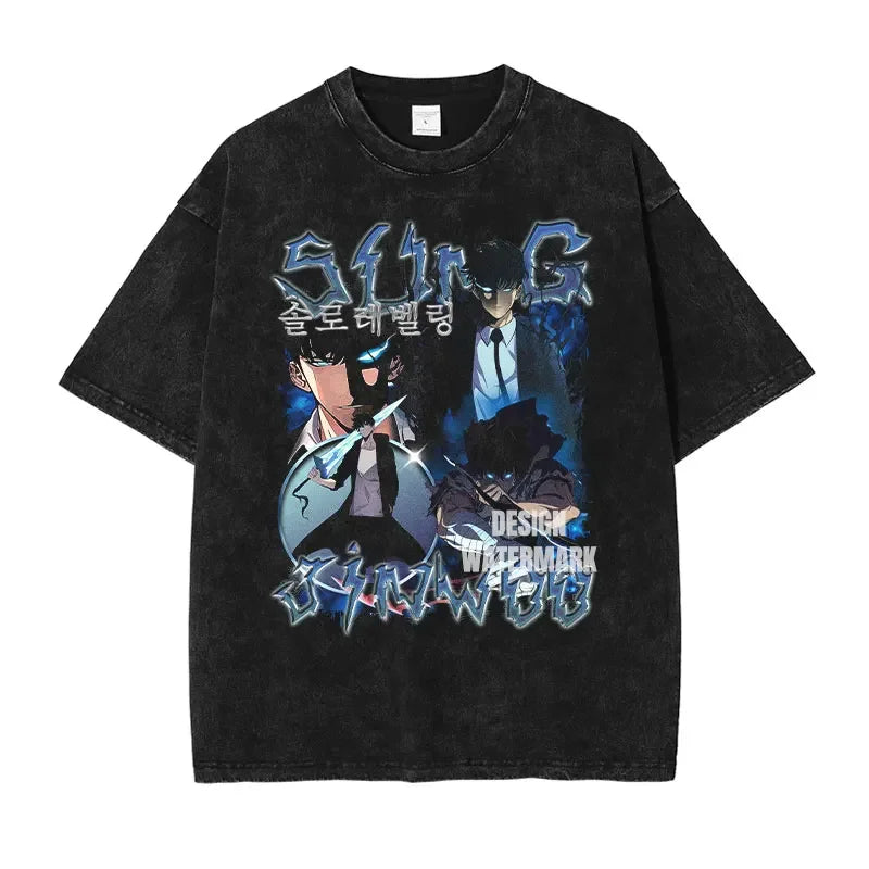 Black graphic t-shirt featuring Solo Leveling anime streetwear design with Sung Jin-Woo