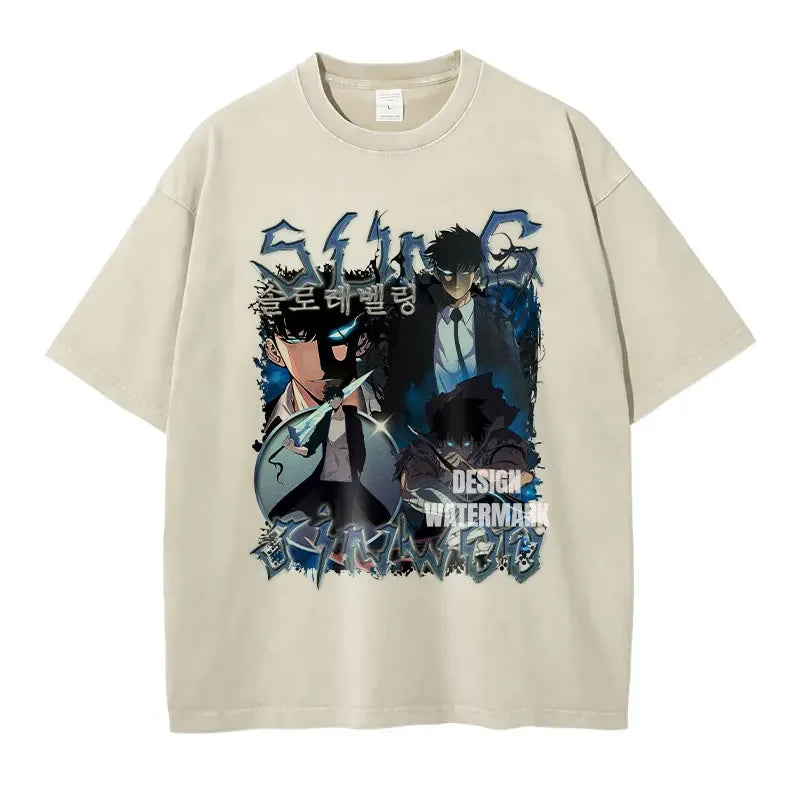 Beige t-shirt featuring anime graphic of Sung Jin-Woo from Solo Leveling streetwear