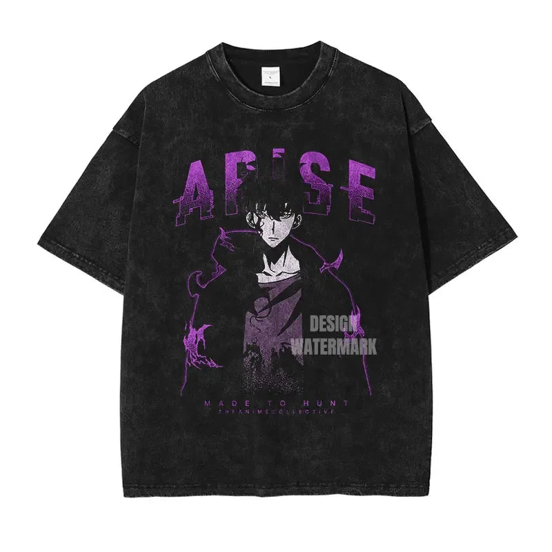 Black graphic t-shirt featuring Solo Leveling Vintage Anime Streetwear Tee with Sung Jin-Woo