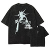 Distressed black graphic T-shirts featuring Solo Leveling anime streetwear and Sung Jin-Woo