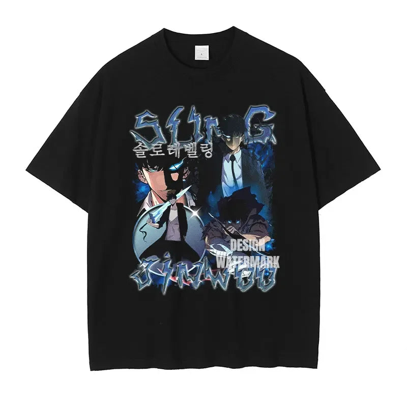 Black anime streetwear t-shirt featuring Sung Jin-Woo from Solo Leveling graphic design