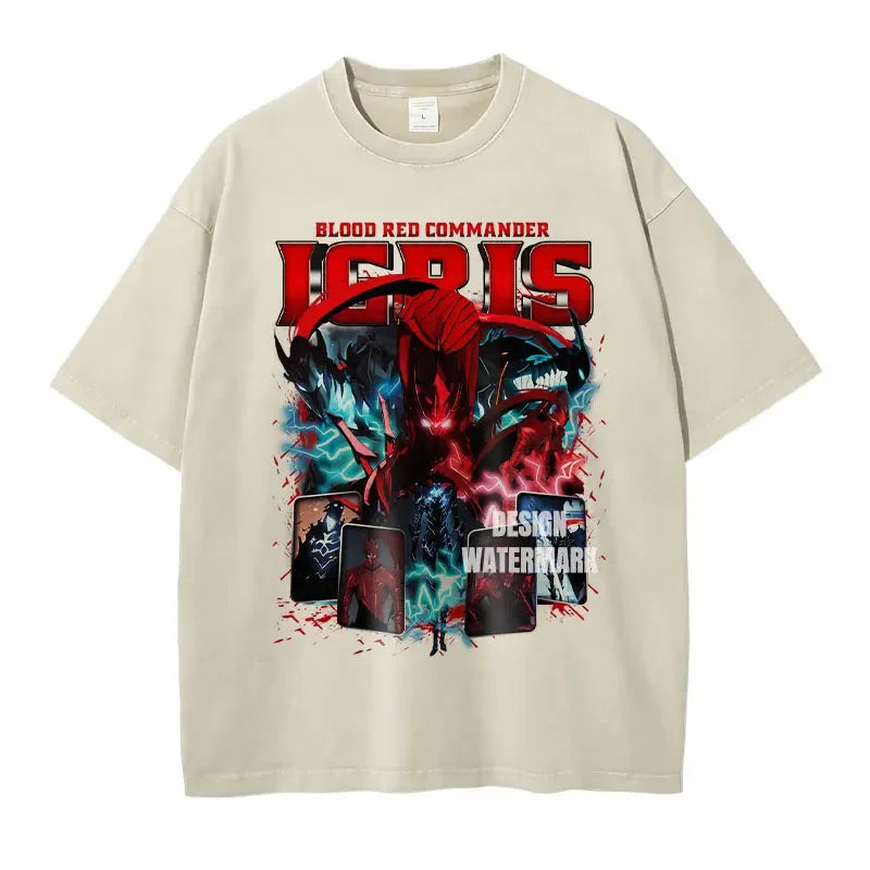 Beige Solo Leveling anime streetwear tee featuring a graphic of Sung Jin-Woo