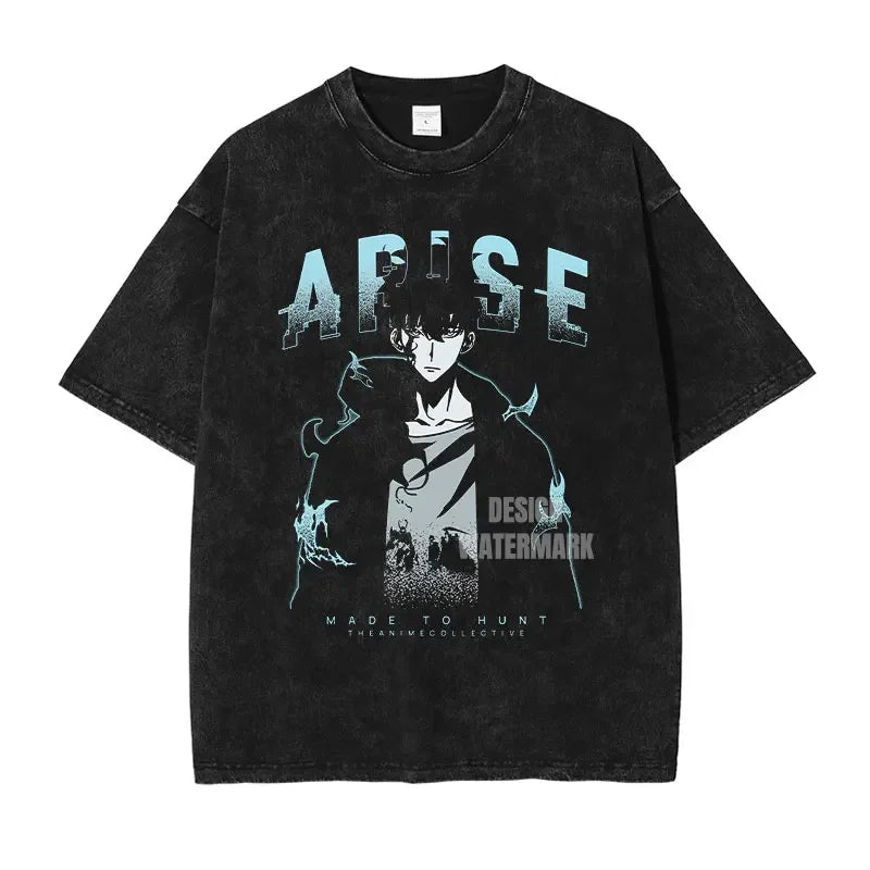 Black graphic t-shirt featuring Solo Leveling anime streetwear design with Sung Jin-Woo