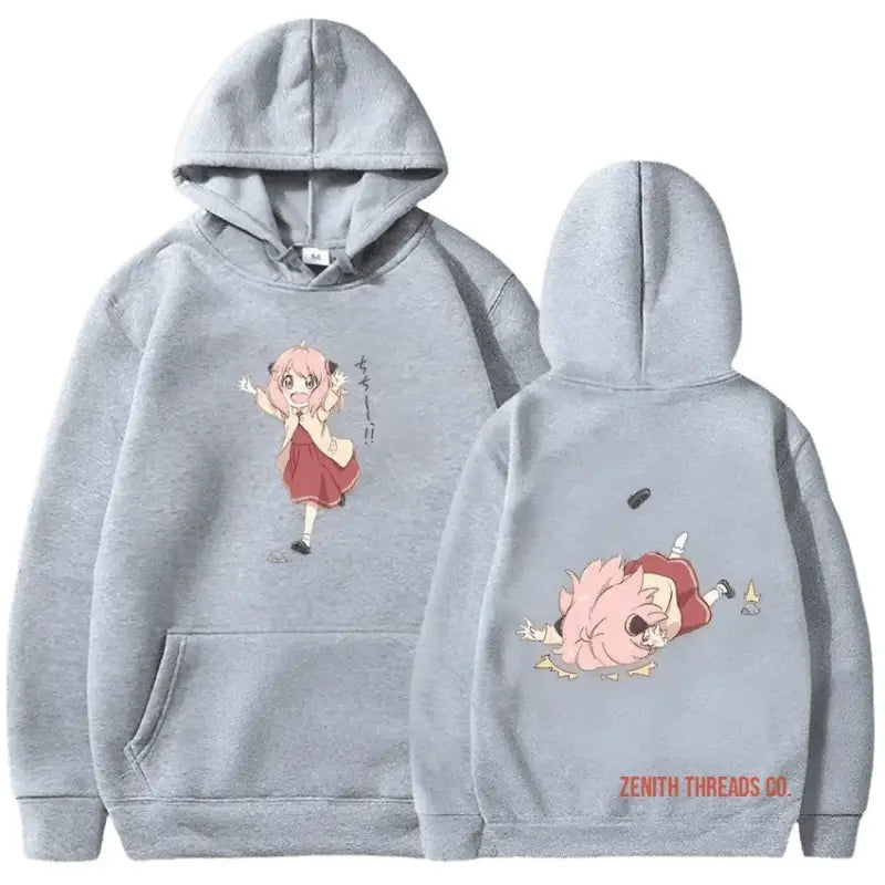 Gray hoodie with cartoon pig character designs on front and back.