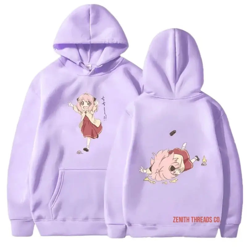 Lavender hoodie with cute anime character designs on front and back.