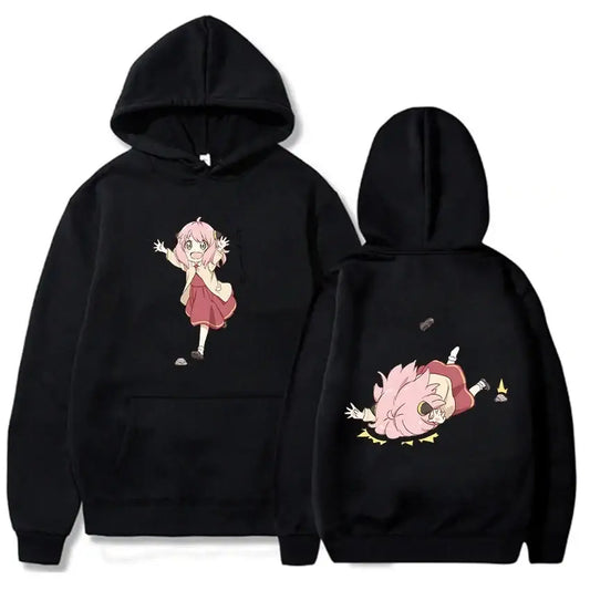 Black Anya Forger hoodie with cute Spy x Family anime cartoon character for streetwear