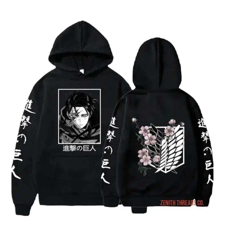 Black hoodie with Attack on Titan anime artwork and Japanese text.