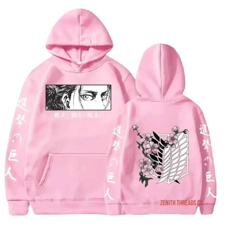 Pink hoodie with manga-style artwork and Japanese text on the front and back.