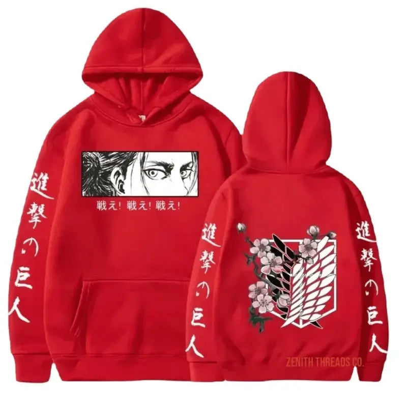 Red hoodie with Attack on Titan anime artwork and Japanese characters printed on it.